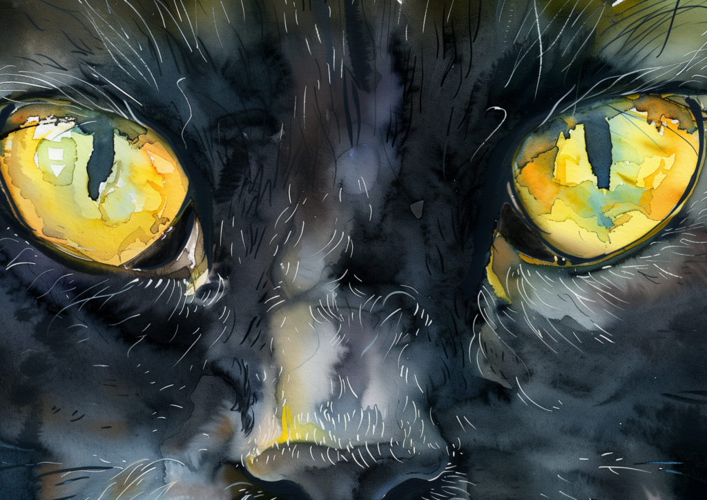 Black cat yellow eyes watercolor close up