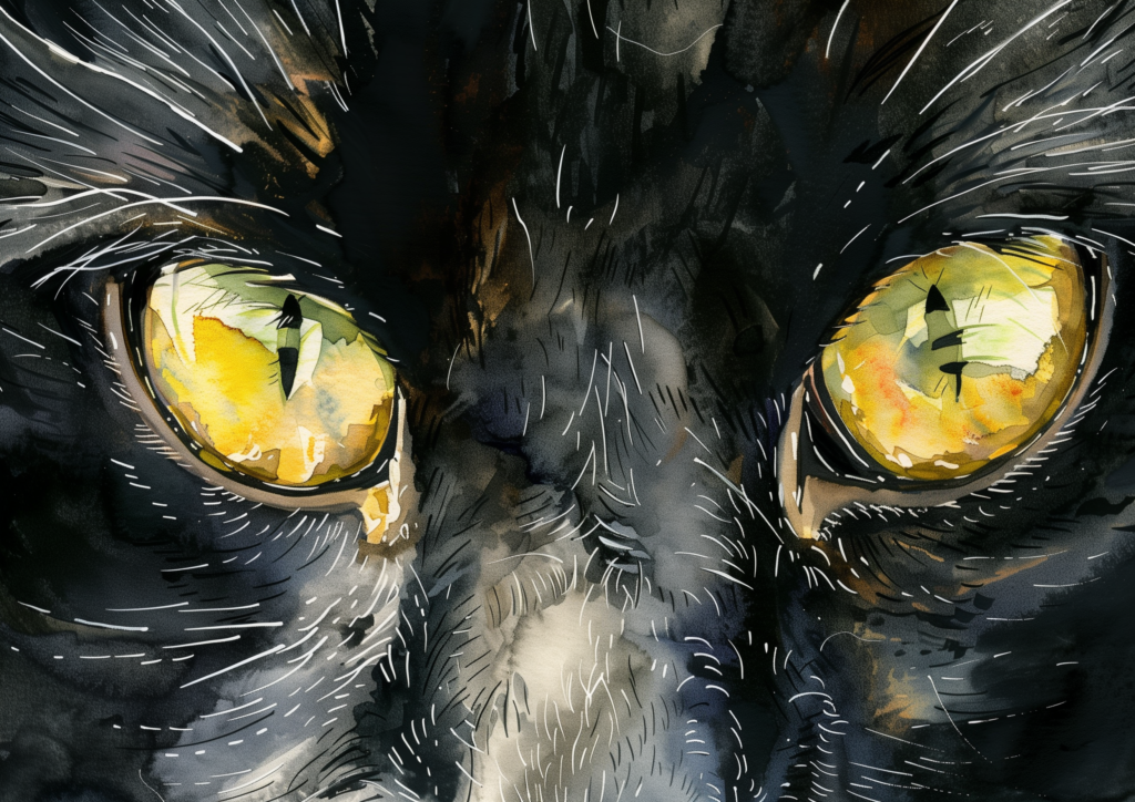 Black cat yellow eyes watercolor close up