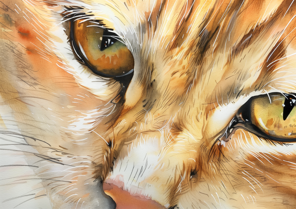 Orange cat yellow eyes watercolor close up