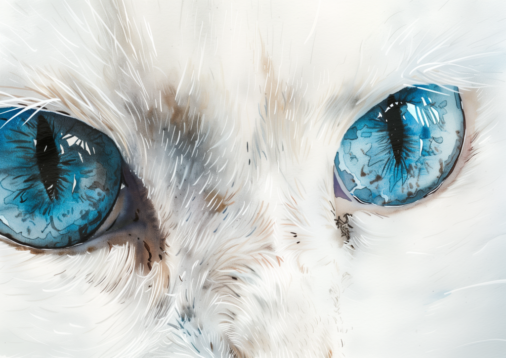 White cat blue eyes watercolor close up