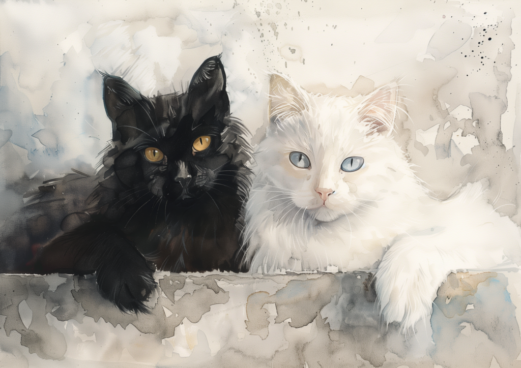 Black cat and white cat watercolor