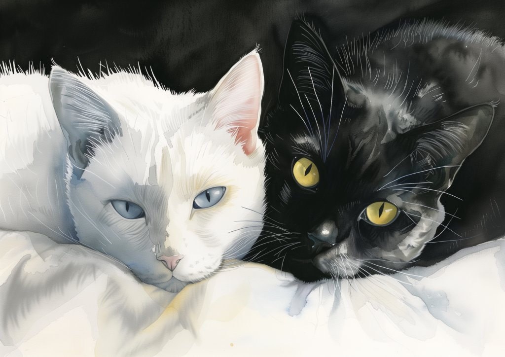 White cat and black cat cuddle