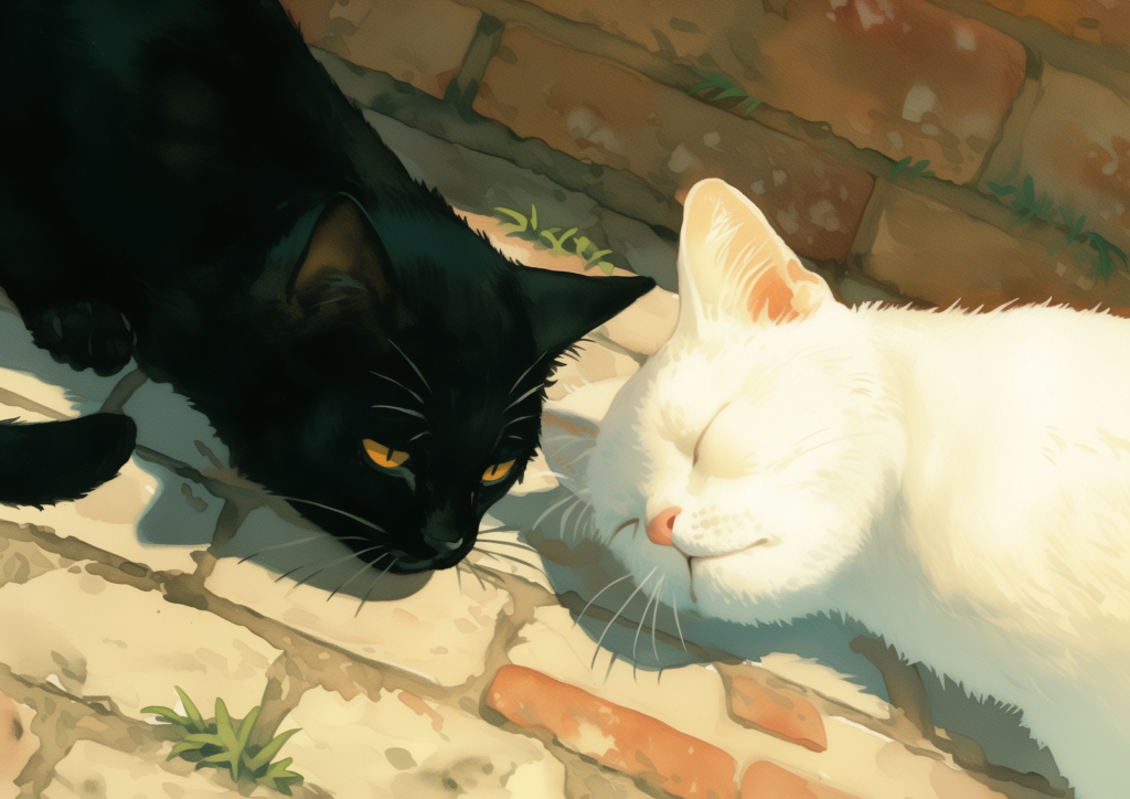 Black cat and white cat resting