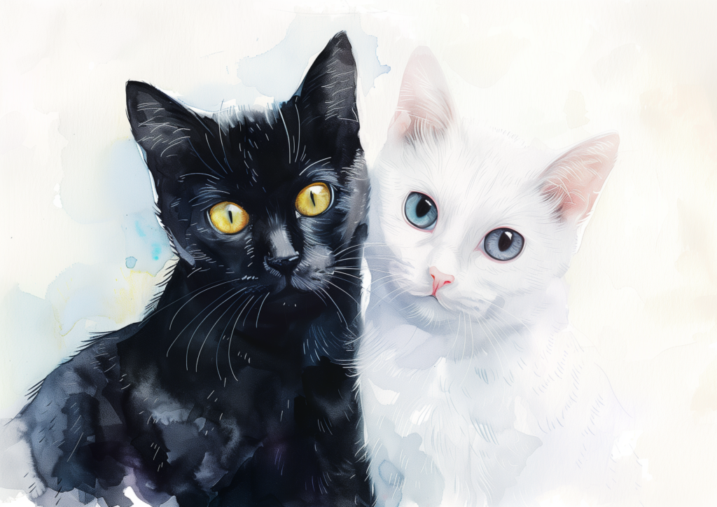 Black cat and white cat watercolor