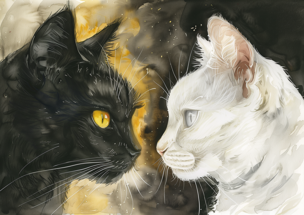 White and black cat face each other watercolor