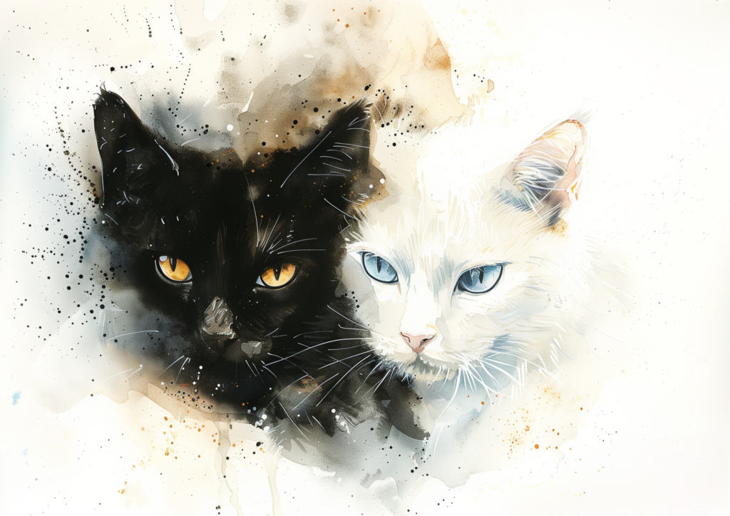 Black cat and white cat watercolor