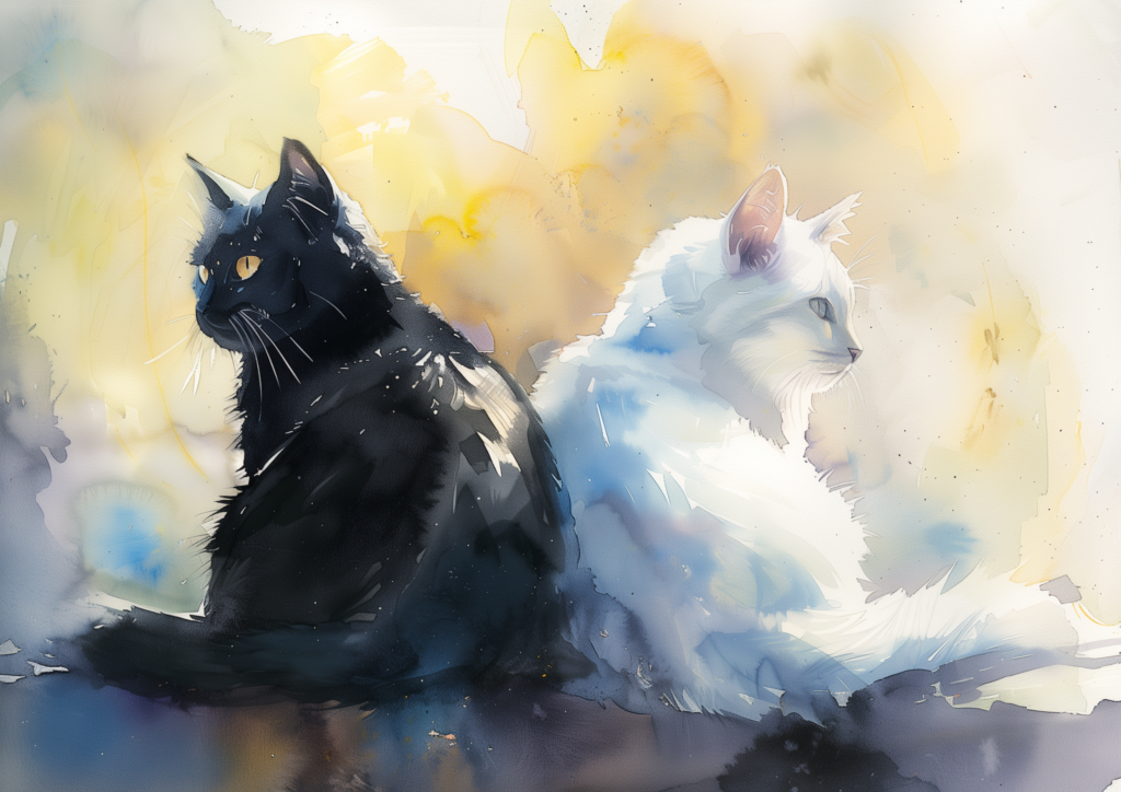 Black cat and white cat watercolor