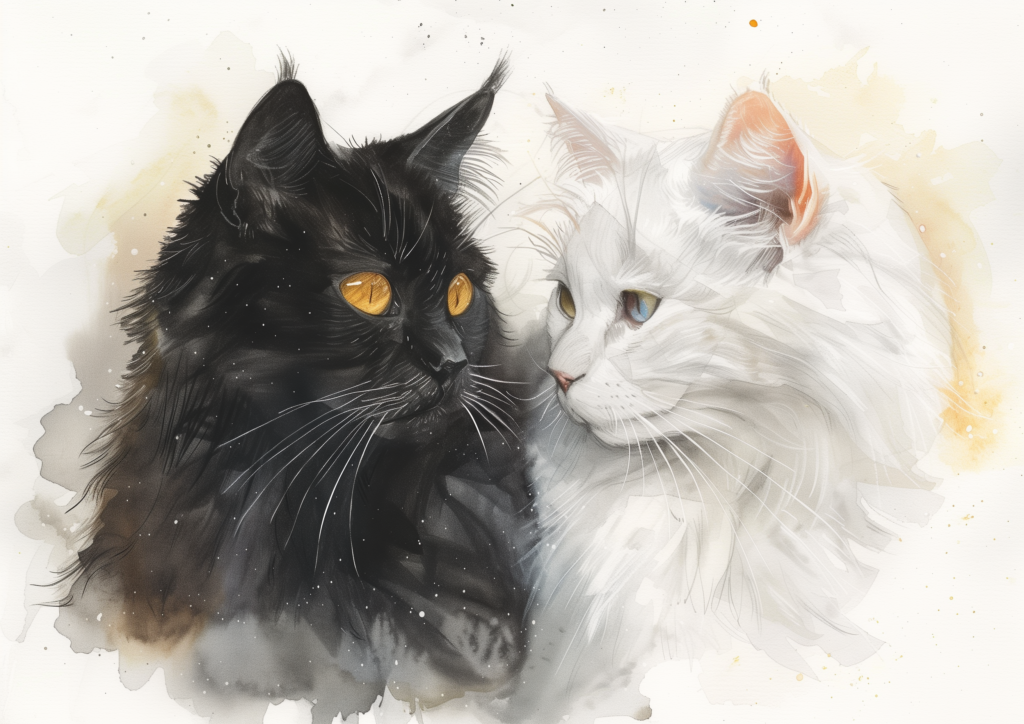 Black cat and white cat watercolor