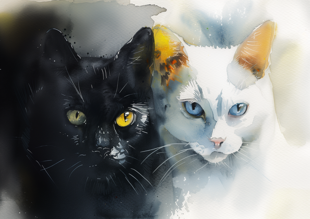 Black cat and white cat watercolor