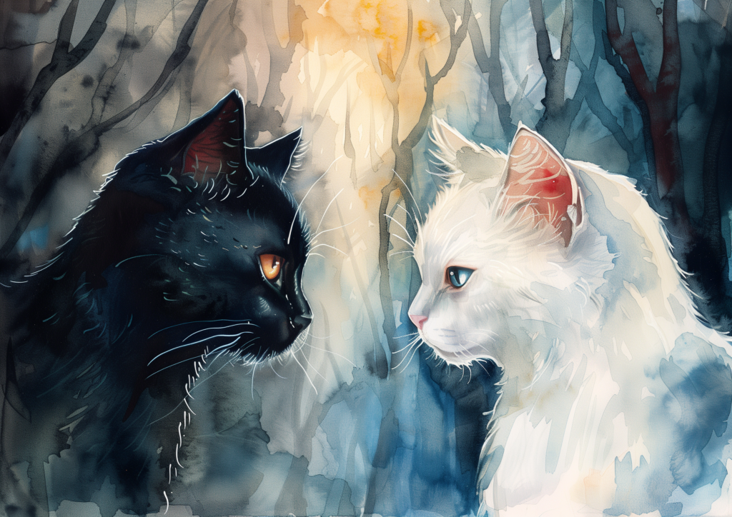 Black cat white cat face each other in a forest watercolor