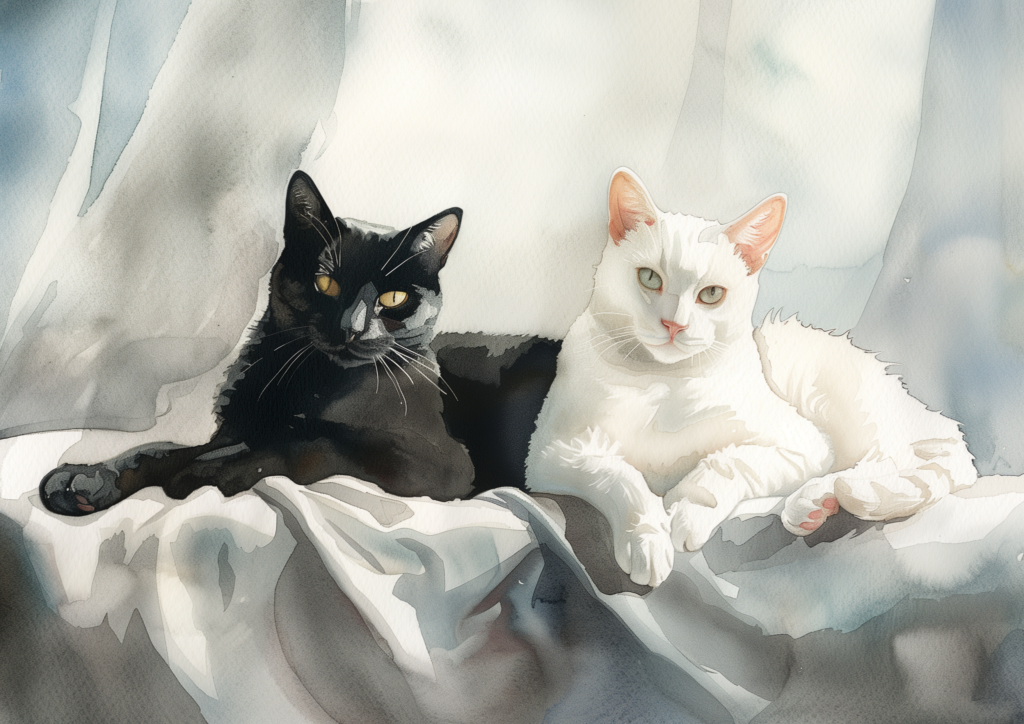 Black and white cat on bed sheets watercolor