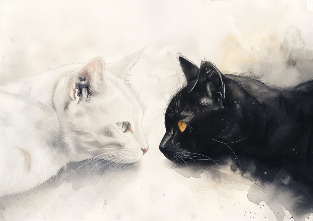 Black cat white cat face each other watercolor