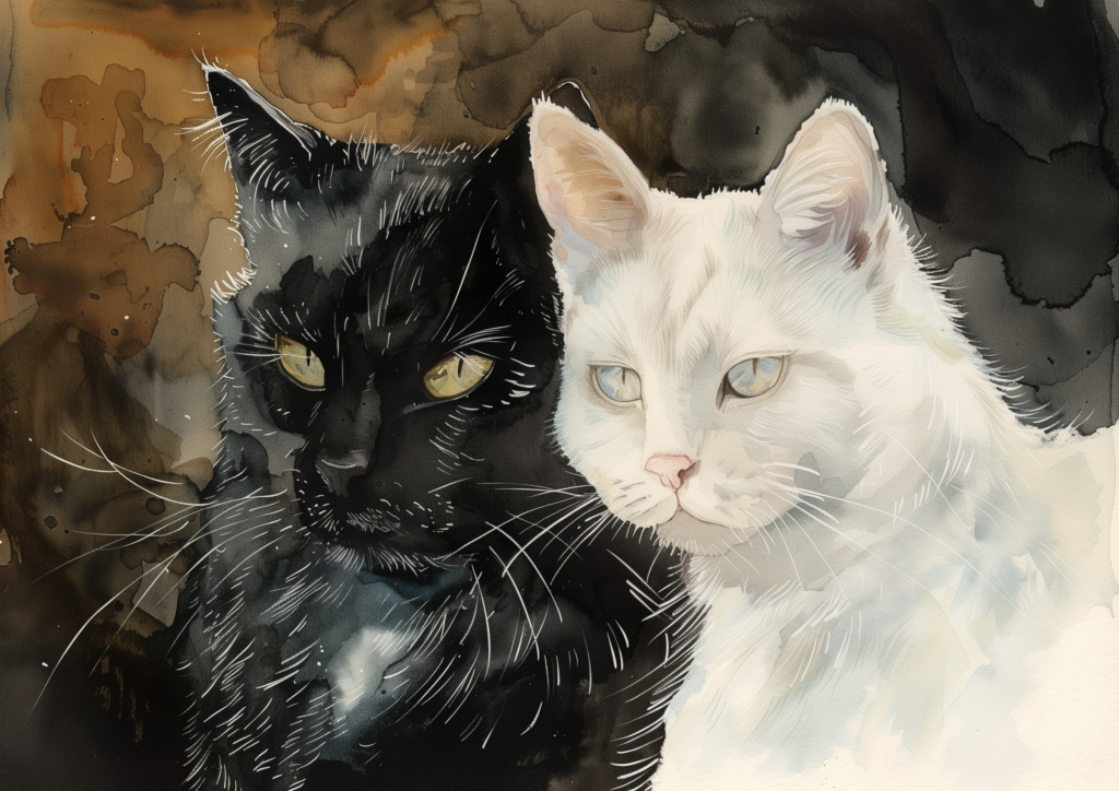 Black cat and white cat watercolor