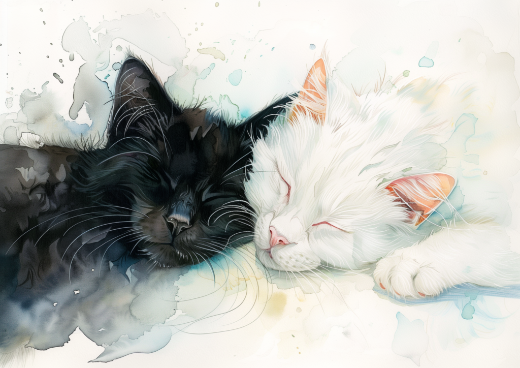 Black cat and white cat cuddle watercolor