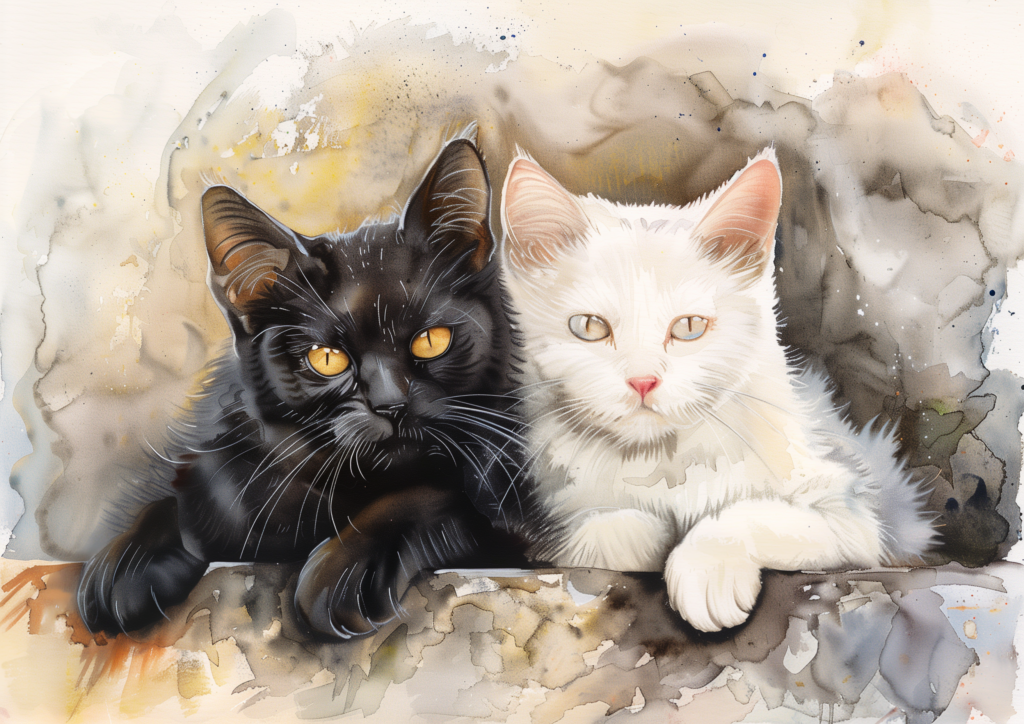 Black cat and white cat watercolor