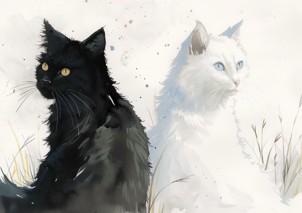 Black cat and white cat watercolor