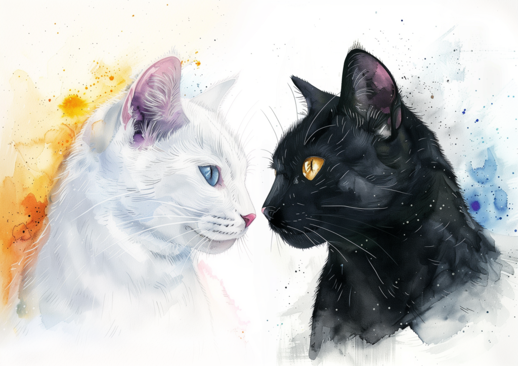 White cat and black cat face each other