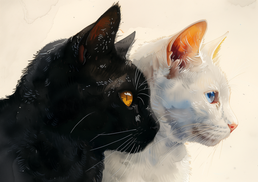 Black cat and white cat watercolor