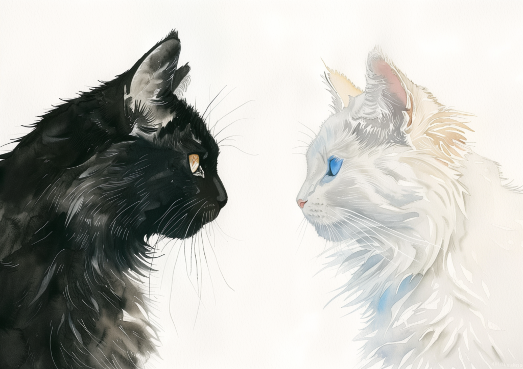 Black cat white cat face each other watercolor