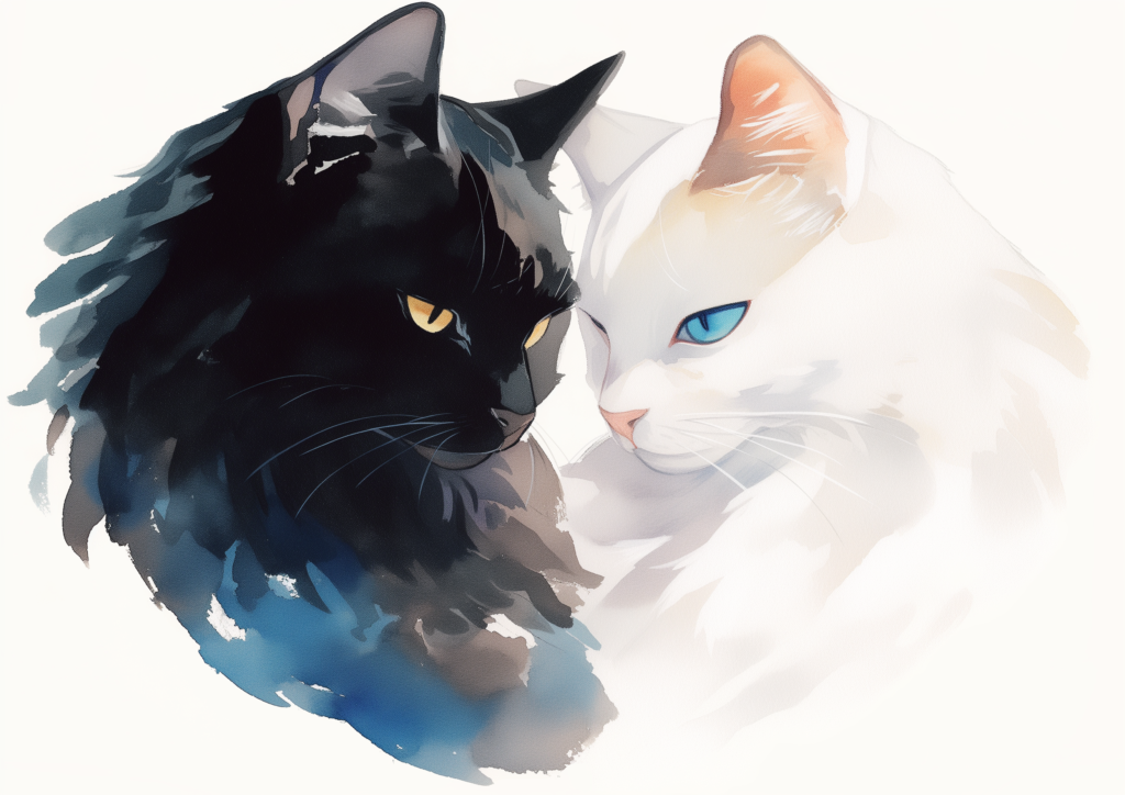 Black cat and white cat watercolor