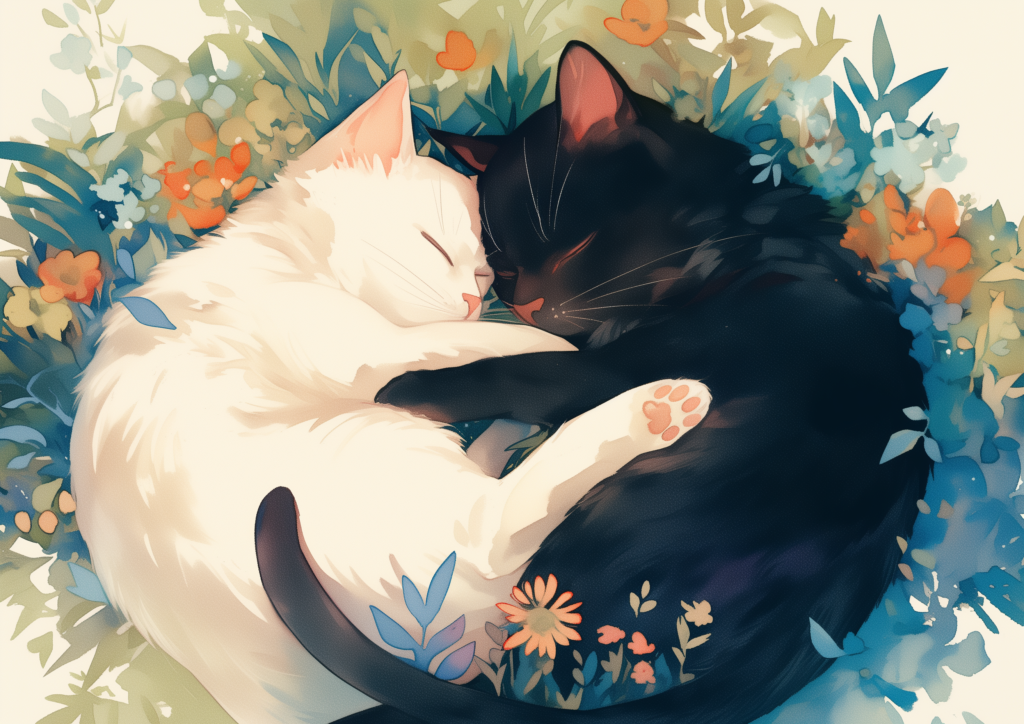 White cat and black cat cuddle