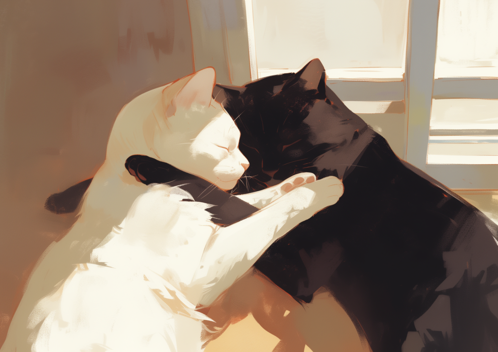 White and black cat cuddle