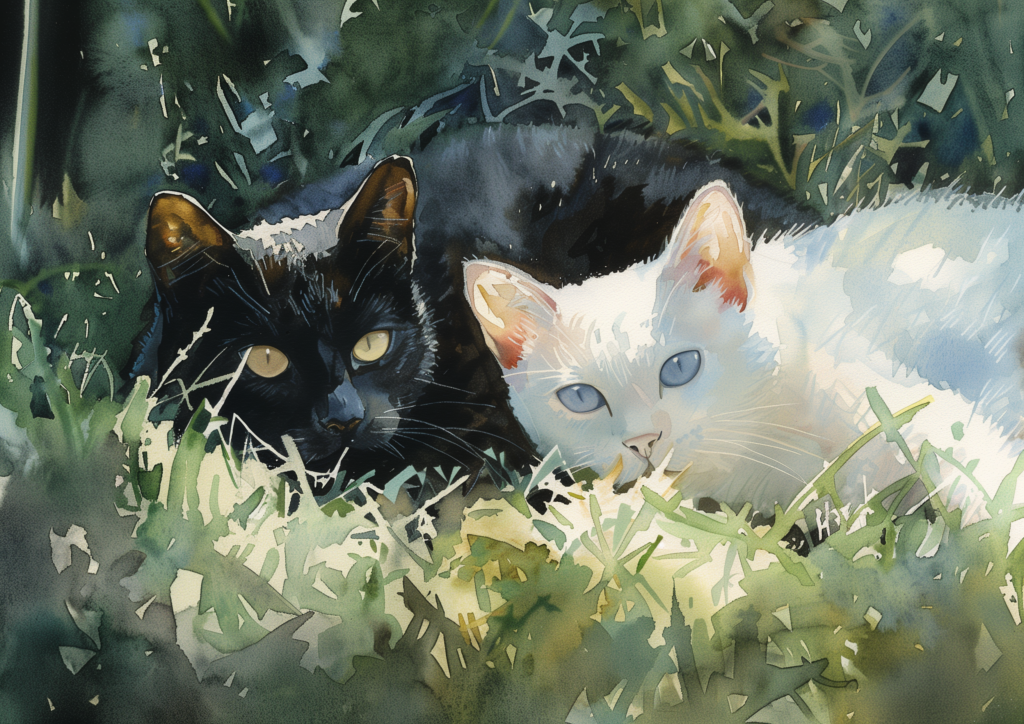 Black cat and white cat on grass watercolor