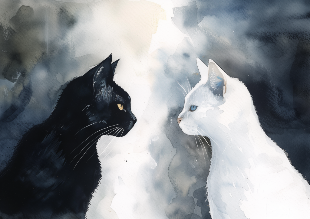 Black cat and white cat face each other