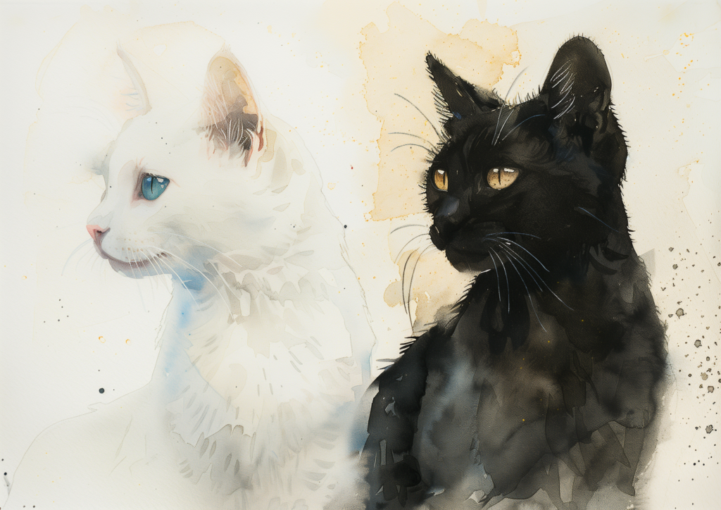 White cat and black cat watercolor