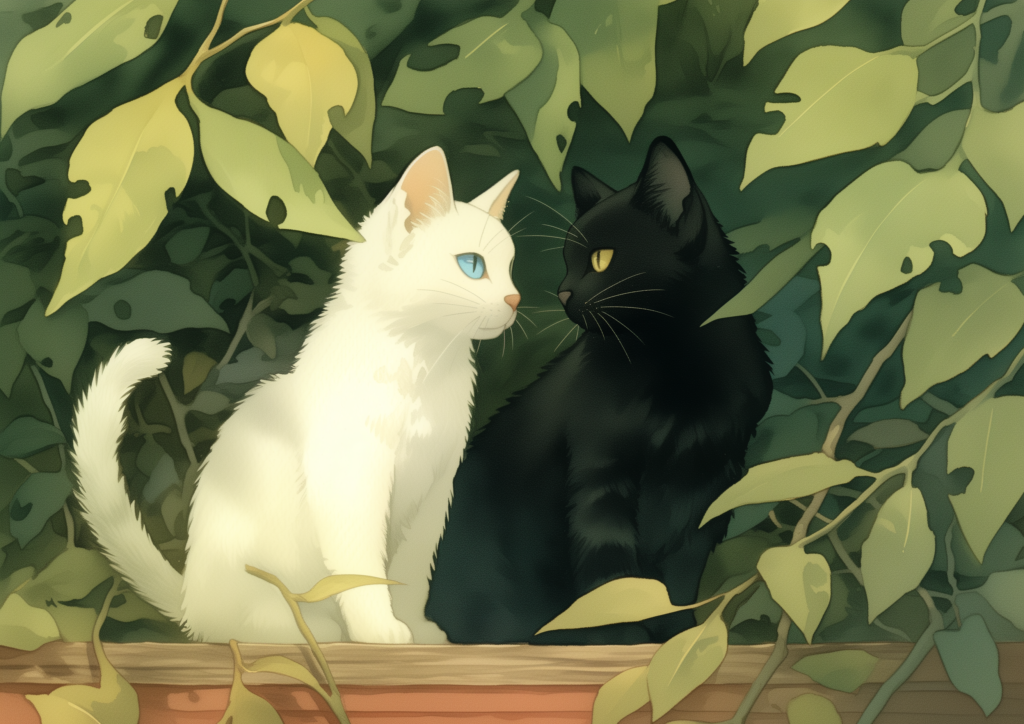 White cat and black cat with leaves painting