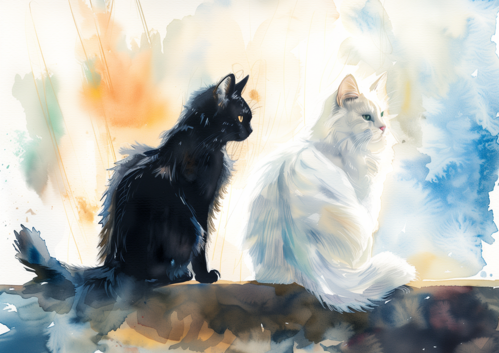 Black cat and white cat watercolor