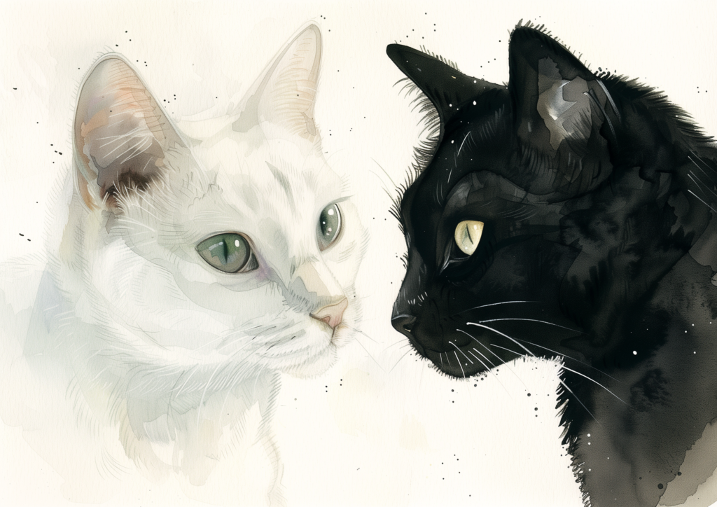 Black cat and white cat watercolor