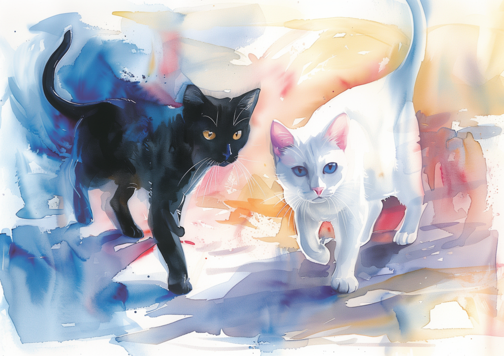 Black cat and white cat watercolor painting