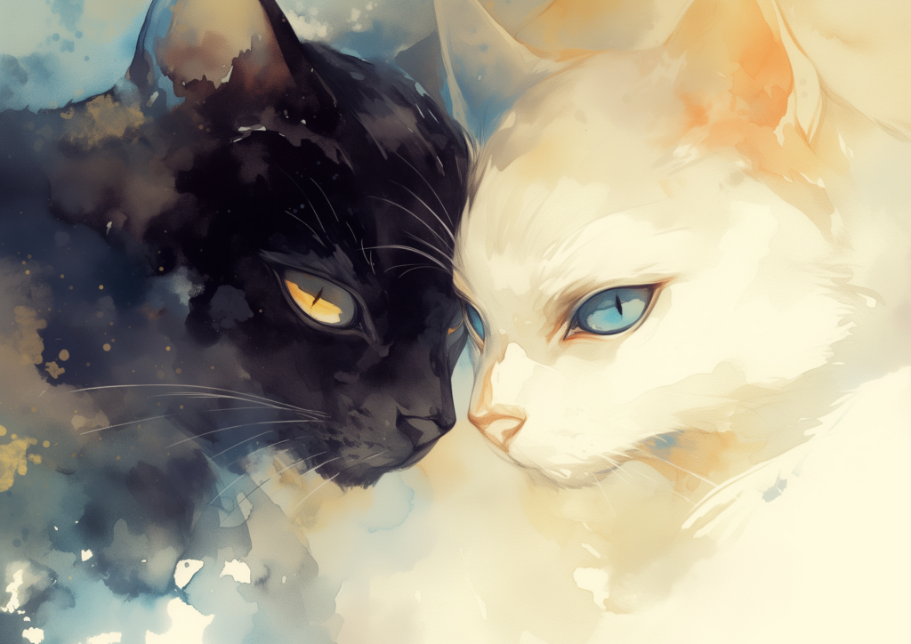 Black cat and white cat watercolor