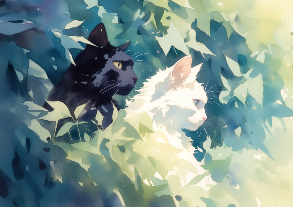 Black cat and white cat in a forest painting